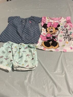 Disney Minnie Mouse Pink Puff Sleeve Kids Pajama Top and Mint Short Set 1027